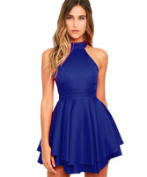 Blue Halter Neck Backless Skater Dress