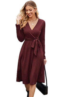 Newshows Womens 2024 Fall Sweater Dress Long Sleeve Business Casual Outfits V Neck Ribbed Knit Belt Trendy with Pockets Wine Red Large