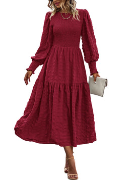 PRETTYGARDEN Women 2024 Puff Long Sleeve Crewneck Smocked Maxi Dress Solid Empire Waist Tiered A-line Swing Flowy Long Dress Medium Wine Red