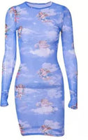 Blue Angel Print O-Neck Long Sleeve Mini Dress