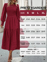 PRETTYGARDEN Women 2024 Puff Long Sleeve Crewneck Smocked Maxi Dress Solid Empire Waist Tiered A-line Swing Flowy Long Dress Medium Wine Red