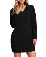 WIHOLL Womens Long Sleeve Lapel Collared V Neck Sweatshirt Dress Loose Fit Solid Color Mini Dresses Fall 2024 Black Large