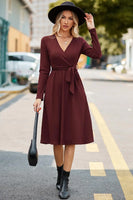 Newshows Womens 2024 Fall Sweater Dress Long Sleeve Business Casual Outfits V Neck Ribbed Knit Belt Trendy with Pockets Wine Red Large