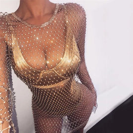 Bling Rhinestones Fishnet Mini Dress