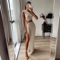 One Shoulder High Split Dress