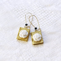 Porcelain Camellia Yellow Brass Book Locket Earrings   Porcelain Camellia Yellow Brass Book Locket Earrings   Porcelain Camelli