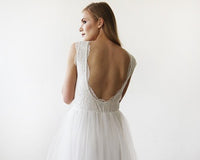 BLUSHFASHION - Original Short Wedding Dress ,Ivory Lace & Tulle Sleeveless Midi Dress #1159