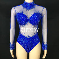 5 Colors Big Stone Mesh Bodysuit Birthday Party Dance Sexy Outfit Nightclub Bar Women Singer Team Costume Rhinestones Clothes