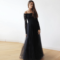 BLUSHFASHION - Original Black Off-The-Shoulder Lace and Tulle Maxi Dress #1134