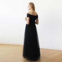 BLUSHFASHION - Original Black Lace Off-The-Shoulder Tulle Maxi Dress #1139