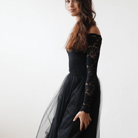 BLUSHFASHION - Original Black Off-The-Shoulder Lace and Tulle Maxi Dress #1134