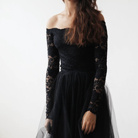 BLUSHFASHION - Original Black Off-The-Shoulder Lace and Tulle Maxi Dress #1134