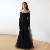 BLUSHFASHION - Original Black Off-The-Shoulder Lace and Tulle Maxi Dress #1134