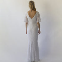 BLUSHFASHION - Original Sheath Wedding Dress, Bohemian Butterfly Sleeves v Neckline Wedding Dress #1294