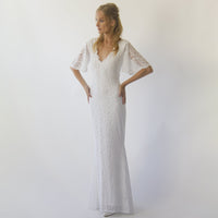 BLUSHFASHION - Original Sheath Wedding Dress, Bohemian Butterfly Sleeves v Neckline Wedding Dress #1294