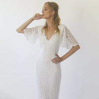 BLUSHFASHION - Original Sheath Wedding Dress, Bohemian Butterfly Sleeves v Neckline Wedding Dress #1294