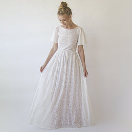 BLUSHFASHION - Original Vintage Lace Wedding Dress, Short Sleeves Modest Pearly Wedding Dress #1346