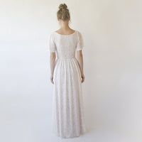 BLUSHFASHION - Original Vintage Lace Wedding Dress, Short Sleeves Modest Pearly Wedding Dress #1346