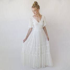 BLUSHFASHION - Original JOWISSA WATCHES Romantic , Vintage Butterfly Chiffon Sleeves Ivory Wedding Dress #1348