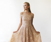 BLUSHFASHION - Original Short Wedding Dress ,Blush Pink Off-The-Shoulder  Midi Dress #1158