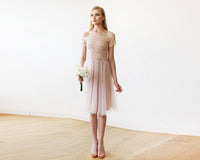 BLUSHFASHION - Original Short Wedding Dress ,Off-The-Shoulders Blush Pink Tulle & Lace Midi  Dress  #1153