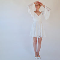 BLUSHFASHION - Original Short Wedding Dress, Off the Shoulder Mini Length Wedding Dress With Bell Sleeves  #1370