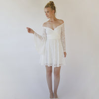 BLUSHFASHION - Original Short Wedding Dress, Off the Shoulder Mini Length Wedding Dress With Bell Sleeves  #1370