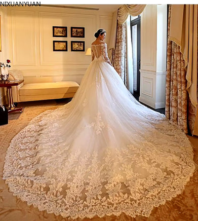 Luxury Lace Cathedral Train Ball Gown Wedding Dresses with Sleeves 2023 Kaftan Dubai Arabic off Shoulder Princess Wedding Gowns