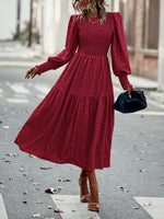 PRETTYGARDEN Women 2024 Puff Long Sleeve Crewneck Smocked Maxi Dress Solid Empire Waist Tiered A-line Swing Flowy Long Dress Medium Wine Red