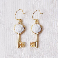 Porcelain Camellia Golden Key Earrings