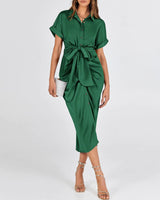 BTFBM 2024 Women Button Down Ruched Shirt Dresses Short Sleeve Lapel V Neck Elegant Party Spring Summer Maxi Satin Dress Large Short Sleeve Deep Green