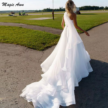 One Shoulder Boho Wedding Dresses Organza Strap White Wedding Party Gowns for Women A-Line Beach Vestidos Longos