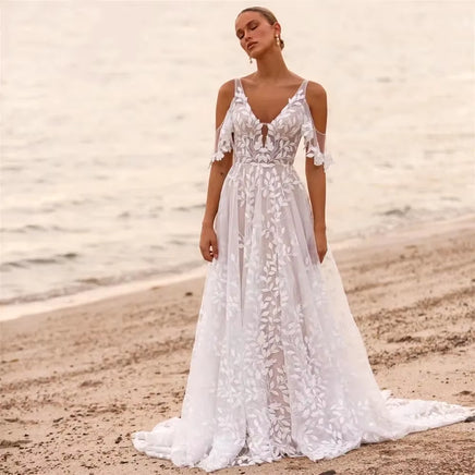 Chic Leaf Lace Beach Boho Wedding Dress 2025 Sexy Open Back Detachable Sleeve a Line Bridal Gowns