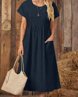 O-Neck Short Sleeve Solid Mid-Calf Dress