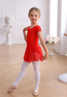 MdnMd Toddler Ballet Leotards for Girls Dance Leotards with Skirt Gymnastic Ballerina Outfit Dress Classic Short Sleeve Red 8-10 Years