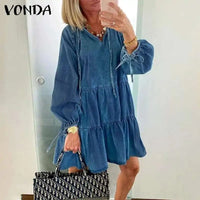 VONDA 2021 Autumn Women's Ruffled Denim Mini Dress