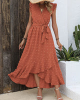 BTFBM Women 2024 Summer V Neck Dress Cap Sleeve Swiss Dot Boho Ruffle Slit Beach Cocktail Party Flowy Long Maxi Dresses Medium Swiss Dot Orange Red