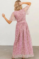 Pink Embossed Wrap V Neck Maxi Dress