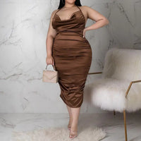 Plus Size Sleeveless Draped Satin Midi Dress