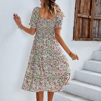 Beach Floral Patchwork Dress Smocked Sleeve V Neck Mini Long Sleeve Dresses