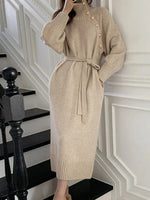 Vintage Turtleneck Buttons Long Dress