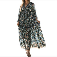 Printed Long Sleeve Dress Women's V-neck Loose