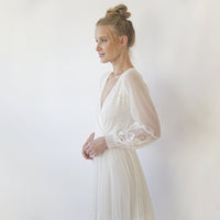 BLUSHFASHION - Original Bestseller Ivory Wrap Lace Wedding Dress With Chiffon Mesh Sleeves #1352