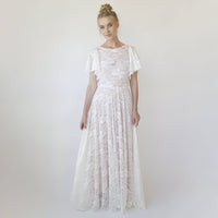 BLUSHFASHION - Original Lace Ivory Flutter Sleeve Dress , With a Separate Blush Underlining Dress  #1368