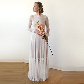 BLUSHFASHION - Original Modest Lace Wedding Dress, Gentle Stripes Pattern Maxi Dress 1209