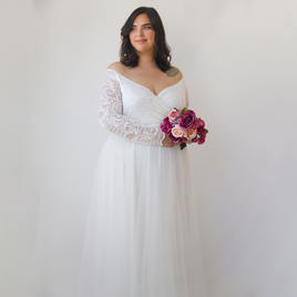 BLUSHFASHION - Original Curvy  Ivory Off the Shoulder Lace Wrap Wedding Dress With Tulle  #1325