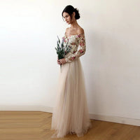 BLUSHFASHION - Original Off-The-Shoulder Floral and Champagne Tulle Dress  #1176