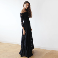 Original Off-The-Shoulder Black Floral Lace Long Sleeve Maxi Dress 1119