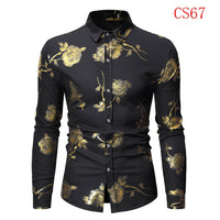 Mens Gold Rose Floral Print Shirts Brand Floral Steampunk Chemise White Long Sleeve Wedding Party Bronzing Camisa Masculina