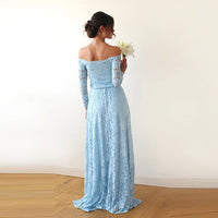 BLUSHFASHION - Original Light Blue Off-The-Shoulder Floral Lace Dress #1119